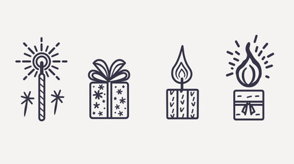 Fototapeta premium Four holiday illustrations sparkler, wrapped gift, candle, and gift with a flame icon