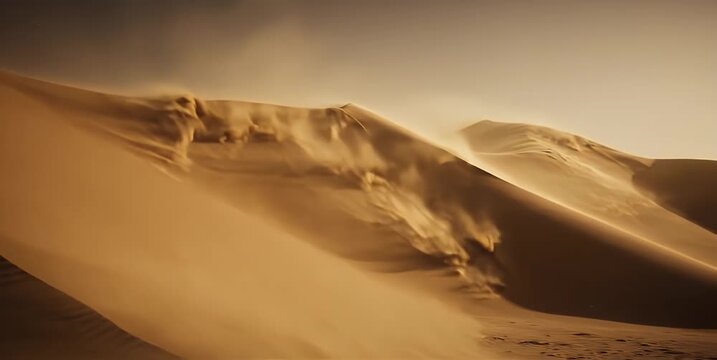 Sand dunes blowing in wind with golden desert dust sunset