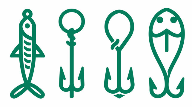 A collection of four green stylized illustrations of different fishing lures and hooks