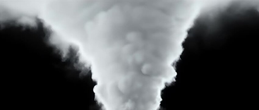 White tornado spinning in massive funnel cloud with black background