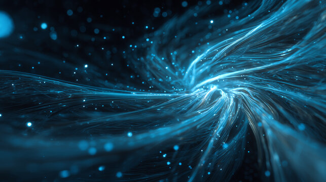Abstract depiction of swirling tornado-shaped wind currents with dynamic blue particles and luminous streaks