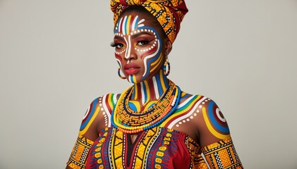 Obraz premium African Queen Adorned: A striking woman is radiant in an elaborately painted face and traditional attire, showcasing intricate patterns and cultural heritage.