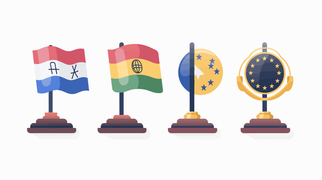 Four stylized depictions of flags and globes with distinct designs, set against a plain white background