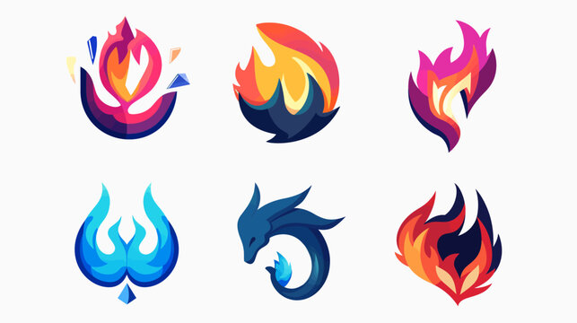 Pixelated graphic set of stylized flames and fire-related shapes in various colors on a white background