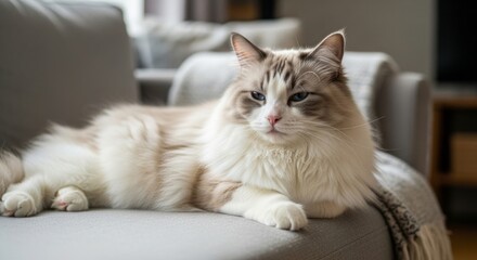 Fototapeta premium Ragdoll cat with soft long fur and blue eyes, gentle and affectionate breed known for relaxed temperament and indoor lifestyle.