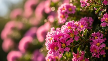 Obraz premium Blooming Beauty: Vivid pink blossoms of a crape myrtle tree, their delicate petals and intricate textures, create a stunning display in a sun-drenched garden, capturing the essence of springtime.