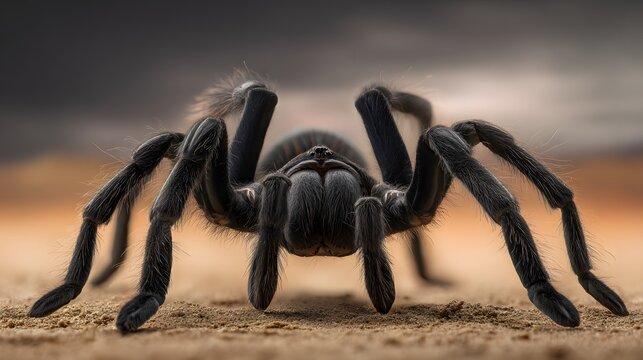 Close-up Macro Shot of a Large Black Tarantula Spider on Sandy Ground.