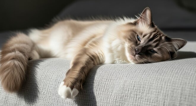 Ragdoll cat with soft long fur and blue eyes, gentle and affectionate breed known for relaxed temperament and indoor lifestyle.
