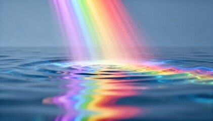 Naklejka premium Chromatic Reflections: A vibrant rainbow bursts forth, its colors dancing upon the surface of rippling water, creating a spectacle of light and refraction. 