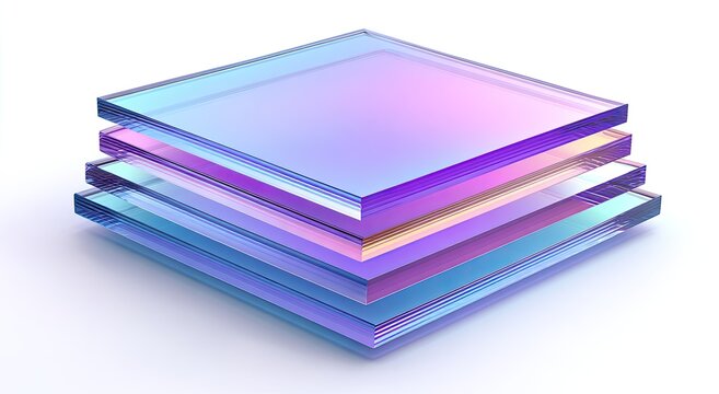 A stack of translucent, square layers with color gradients, reflecting light. 3D render, white bg
