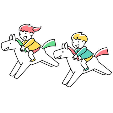 仔馬に乗っている女の子と男の子