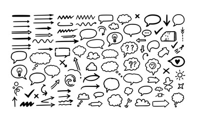 Fototapeta premium Grunge Marker Doodle Underlines Arrows Speech Bubbles and Shapes Hand Drawn Vector Set