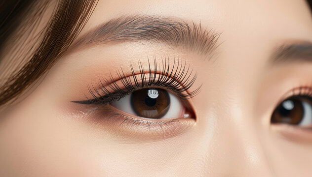 Captivating Gaze: A close-up view of an Asian eye, meticulously showcasing the delicate eyelashes, perfectly shaped eyebrows, and captivating brown iris, offering a glimpse into the depth of the gaze.