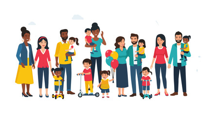 Obraz premium Diverse group of smiling people and children celebrating together with balloons