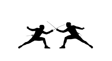 Fototapeta premium Two silhouetted fencers in dynamic poses with swords clashing in a competitive duel