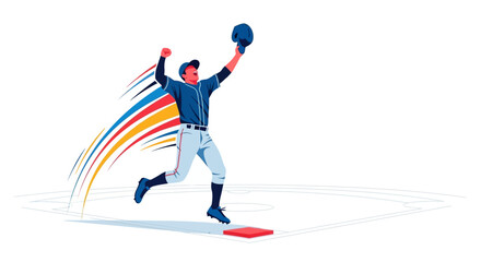 Fototapeta premium A dynamic illustration of a baseball player celebrating a home run, running with arms raised and cap in hand, with colorful motion trails behind him on a white background.