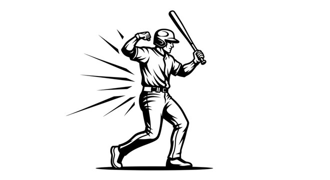Black and white illustration of a baseball player swinging a bat with dynamic motion lines.