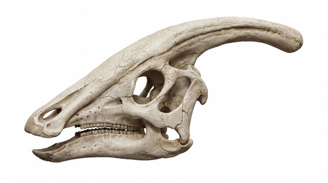 Parasaurolophus walkeri skull side view, detailed hadrosaur dinosaur cranial anatomy with elongated crest, scientific reconstruction isolated white background
