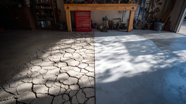 Before and after comparison of cracked and repaired concrete floor in a workshop setting