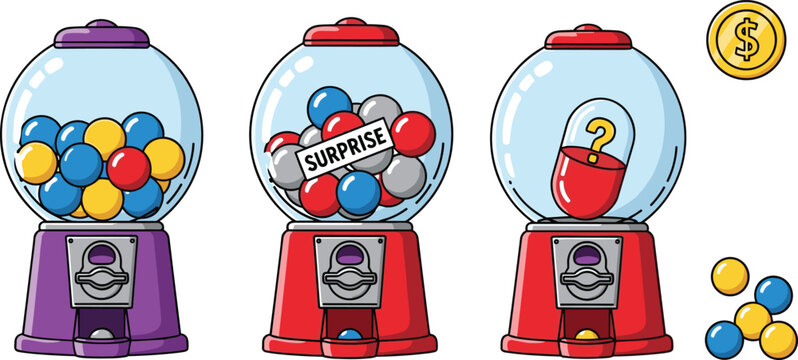 Colorful gumball machine vector illustration set featuring vintage candy dispensers with surprise toys and prizes isolated on white background for commercial graphic design use