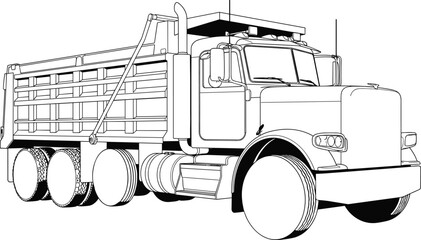 Heavy duty dump truck line art illustration featuring a large commercial construction vehicle for hauling isolated on white background for coloring book or design © MdHasmot
