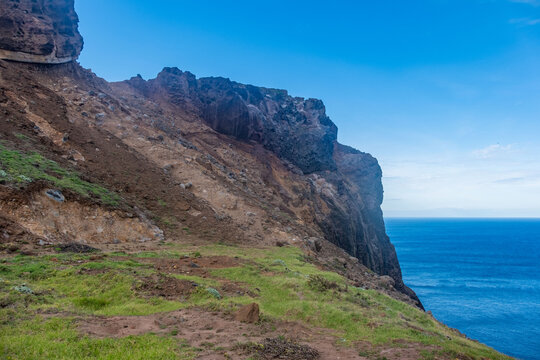 Viewpoint Calhau da Furna do Bode on Madeira, green hills meet sea, discovery archipelago landscape, volcanic island travel, adventure vacation, colorful rooftops, Madeira, Portugal