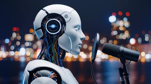 Advanced robotic assistant with microphone, highlighting artificial intelligence and future technology integration in urban settings