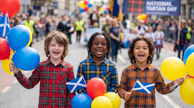 National Tartan Day diverse children in plaid shirts holding flags and balloons cheering at parade for multicultural family celebration marketing materials