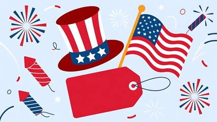 Obraz premium American flag, Uncle Sam hat, and fireworks with blank price tag