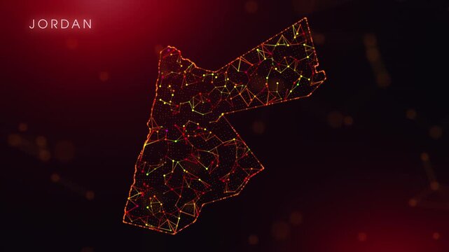 A dynamic motion video showcasing the Jordan country border through a colorful plexus reveal. Glowing red and orange dots represent high-tech data communication and global digital networks.