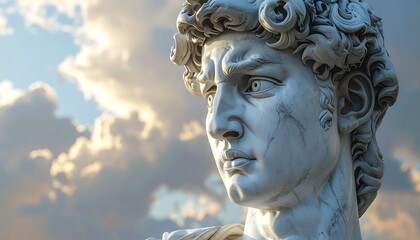 Fototapeta premium Iconic marble sculpture of a pensive heroic figure, set against a dramatic cloudy sky, epitomizing classical strength and artistic brilliance