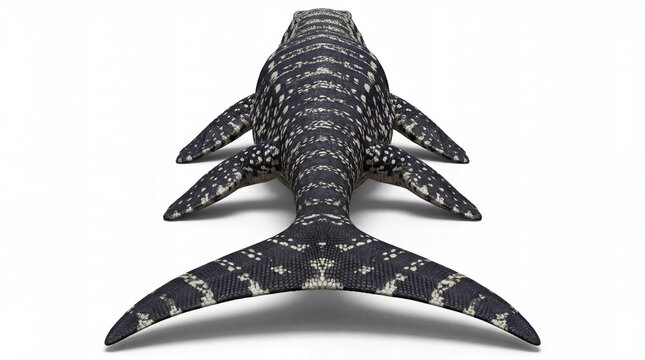 Mosasaurus hoffmannii rear view, giant marine reptile seen from behind showing tail and body symmetry, detailed prehistoric ocean predator isolated white background
