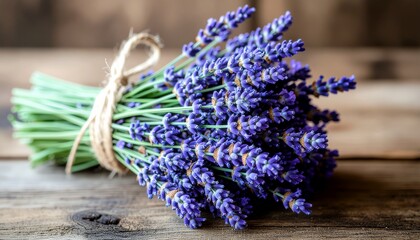 Fototapeta premium Fragrant bouquet of fresh purple lavender flowers, carefully tied with natural twine, resting on a rustic wooden table. Evokes a sense of calm, natural beauty, and aromatic delight