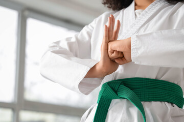 Young woman with green belt practicing karate in dojo, closeup © Pixel-Shot