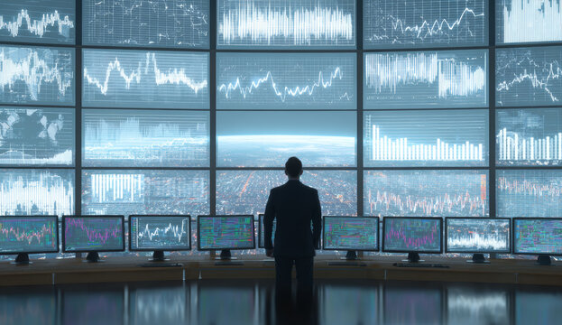Business professional standing in front of multiple large digital screens displaying financial graphs and stock market data in a high-tech control room