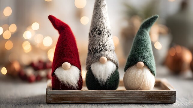 Three Festive Christmas Gnomes in Red, Silver, and Green on a Wooden Tray.