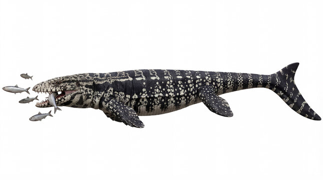 Mosasaurus hoffmannii feeding frenzy, giant marine reptile attacking prey with aggressive motion and open jaws, detailed prehistoric ocean predator behavior isolated white background
