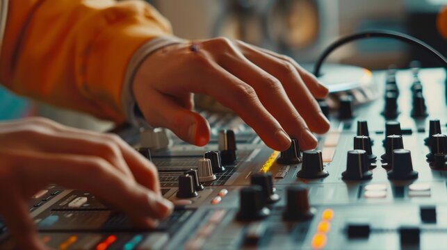 Hand on dj music mixer recording deck turntable controller for audio production and sound mixing