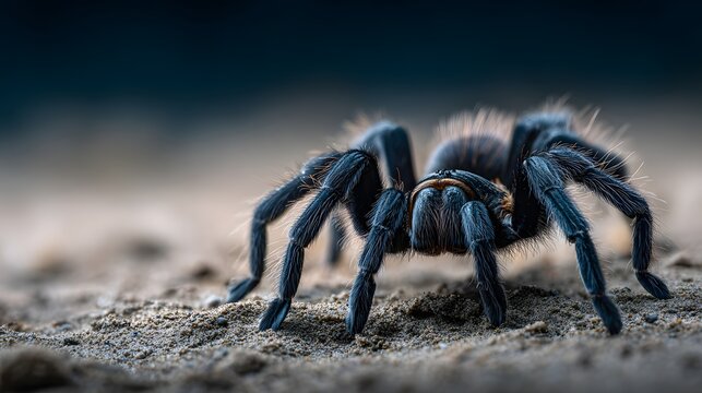 Close-up of a large, hairy tarantula spider on the ground.