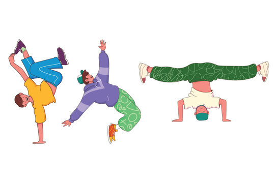 Collection of breakdance b-boy characters in various dynamic poses. Flat vector illustration set featuring street dancers for hip hop culture, urban sports, and youth lifestyle.