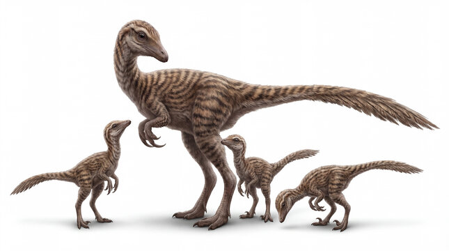 Mononykus olecranus adult with juveniles family, small theropod dinosaur with offspring showing social group and parental care behavior, detailed prehistoric scene isolated white background
