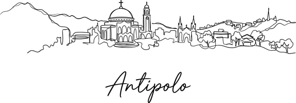 Antipolo City Philippines skyline continuous line drawing with Cathedral and mountains vector illustration