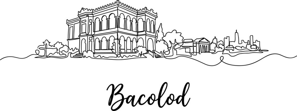 Bacolod Philippines city skyline with The Ruins landmark in one line drawing style
