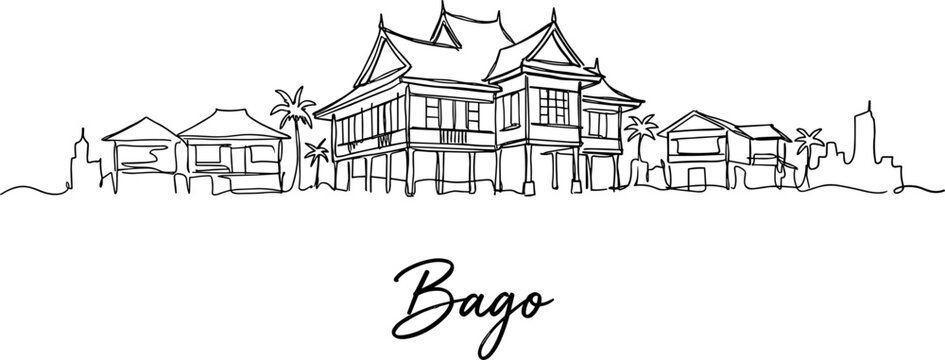 Bago Myanmar city skyline continuous line drawing with traditional houses vector illustration