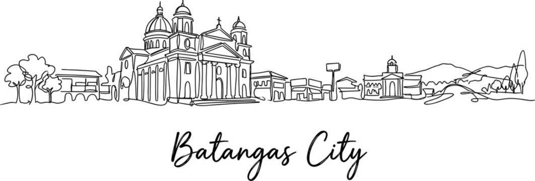 Batangas City skyline and Basilica landmark continuous line art drawing vector illustration