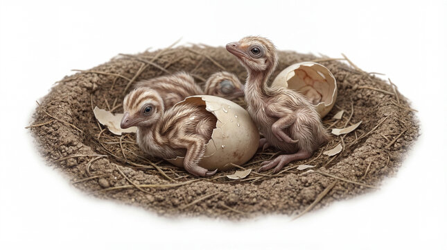 Mononykus olecranus hatchlings in nest closeup, baby theropod dinosaurs clustered in nest showing early life stage and parental care behavior isolated white background
