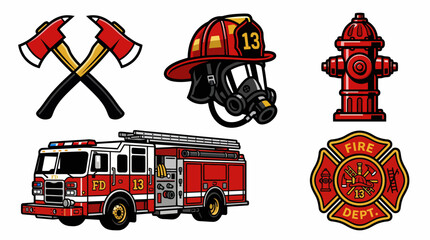 Naklejka premium Graphic Design Assets Featuring Essential Fire Department Tools and Emergency Rescue Service Elements
