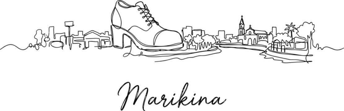 Marikina City skyline with giant shoe landmark minimalist continuous line art vector illustration
