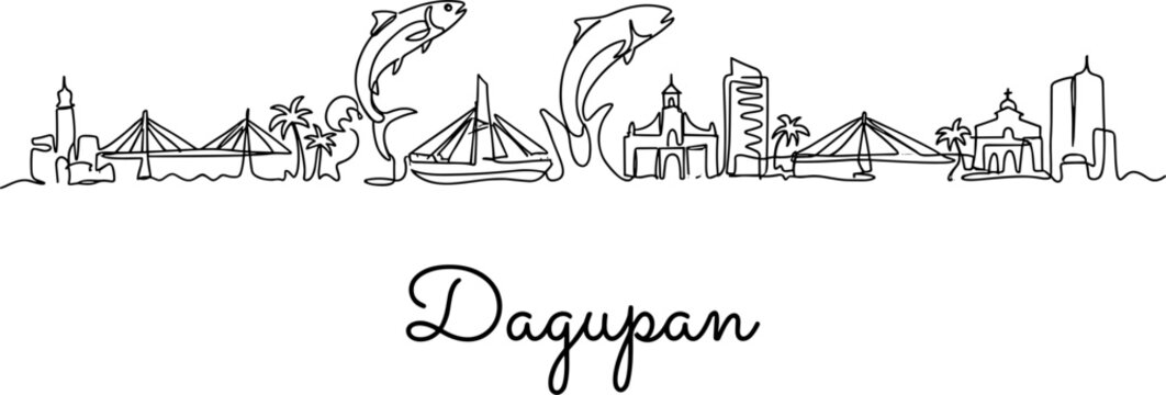 Minimalist Dagupan city skyline with fish and landmarks continuous line drawing vector illustration