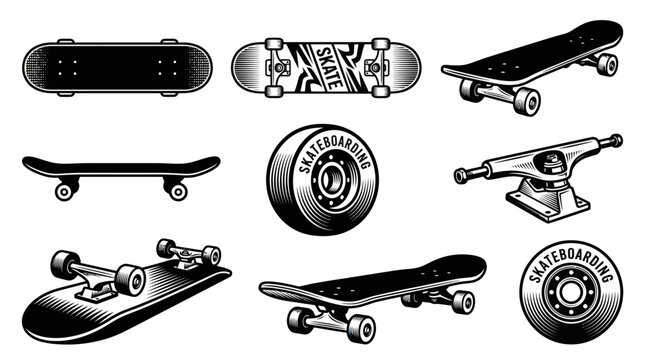 Collection of illustrations showcasing various parts and designs of a skateboard